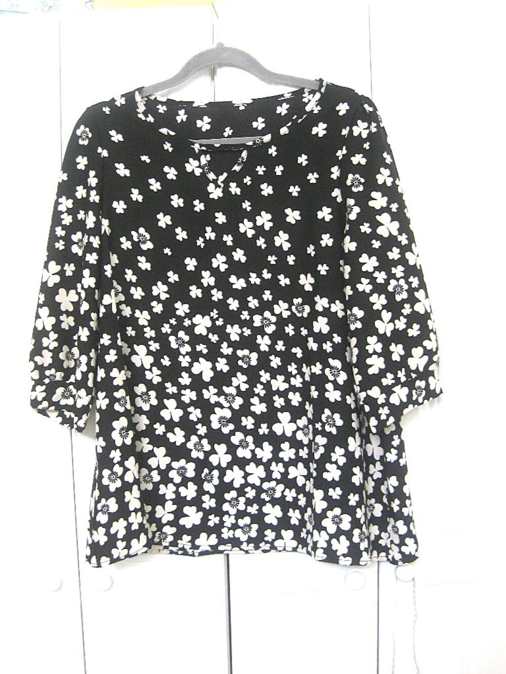 Black White Floral Tunic Top  -  Medium
